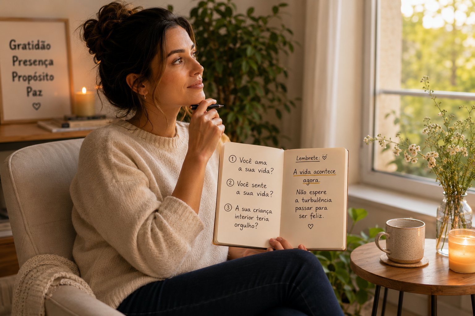Mulher sentada com um caderno onde estão escritas três perguntas sobre amar e sentir a própria vida, em um ambiente sereno e iluminado.
