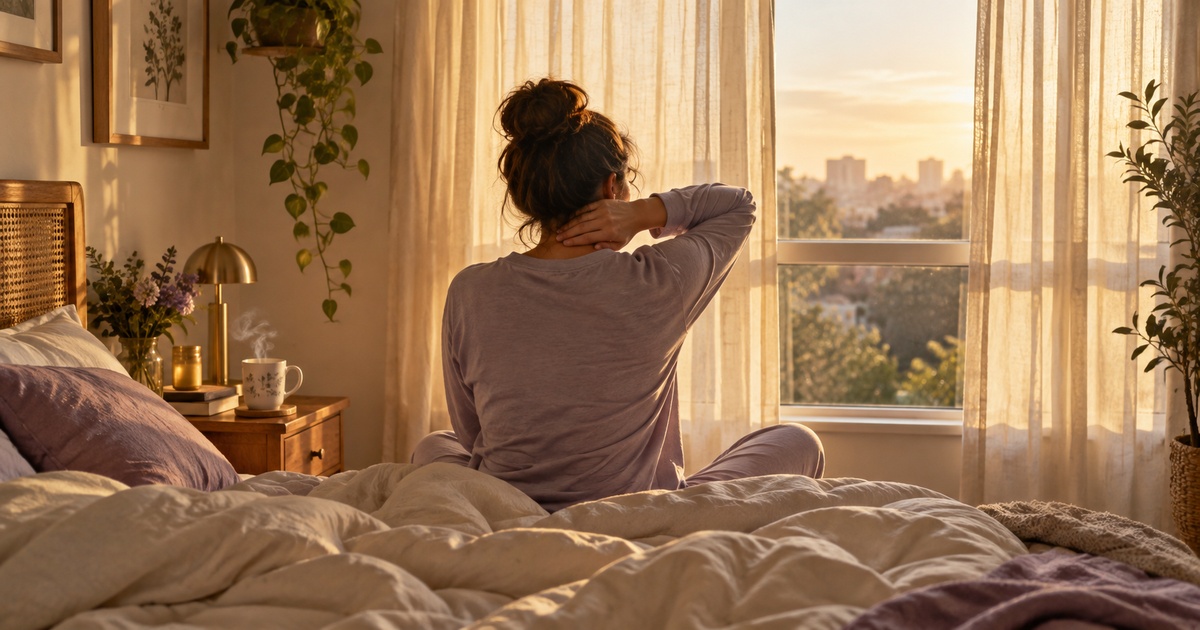 Quarto tranquilo ao amanhecer, cama desfeita com roupa de cama clara e luz suave entrando pela janela.