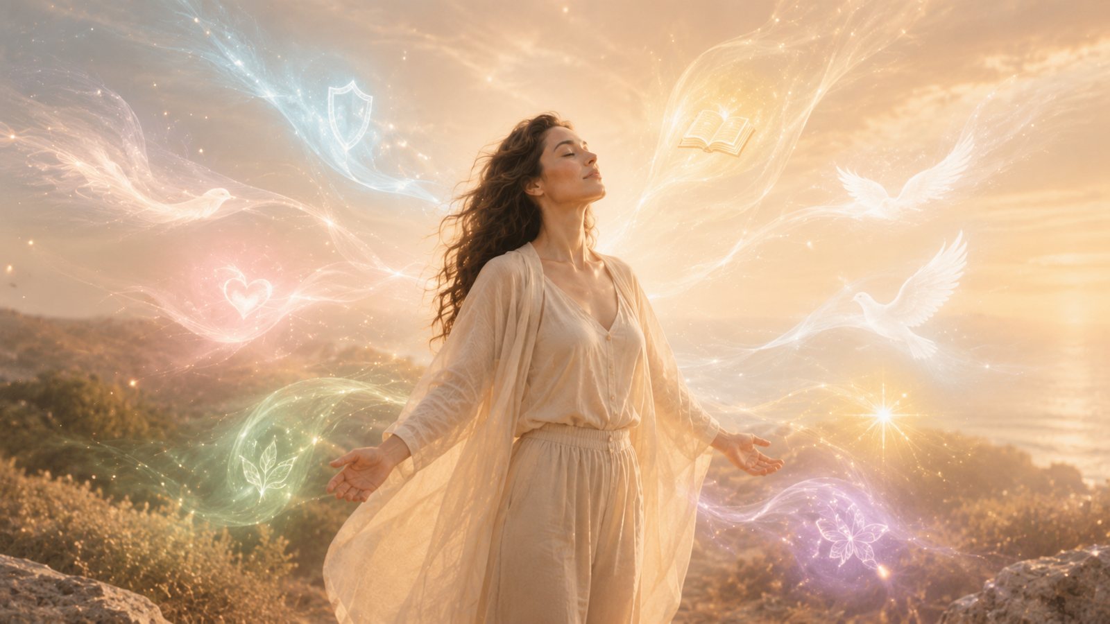 Luz dourada descendo do céu sobre mãos abertas, simbolizando a conexão com os arcanjos.