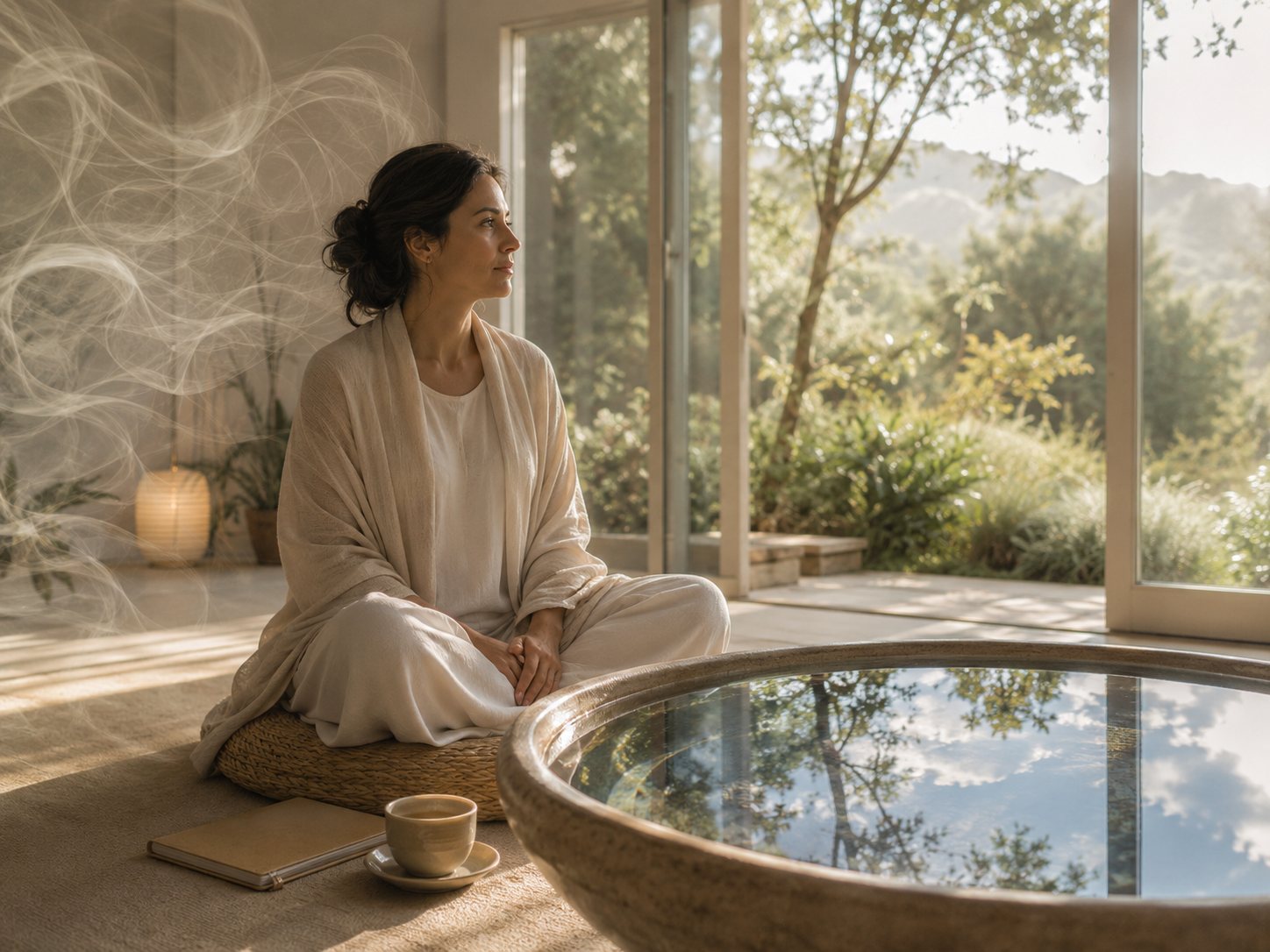 Mulher de olhos fechados em meditação tranquila banhada por luz suave, simbolizando a atenção plena e a paz interior.