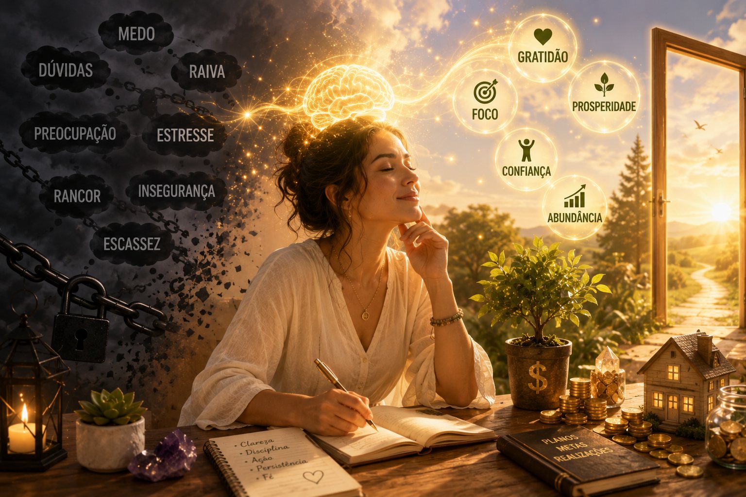 Mulher em meditação com luz dourada ao redor, simbolizando o desbloqueio mental da prosperidade.