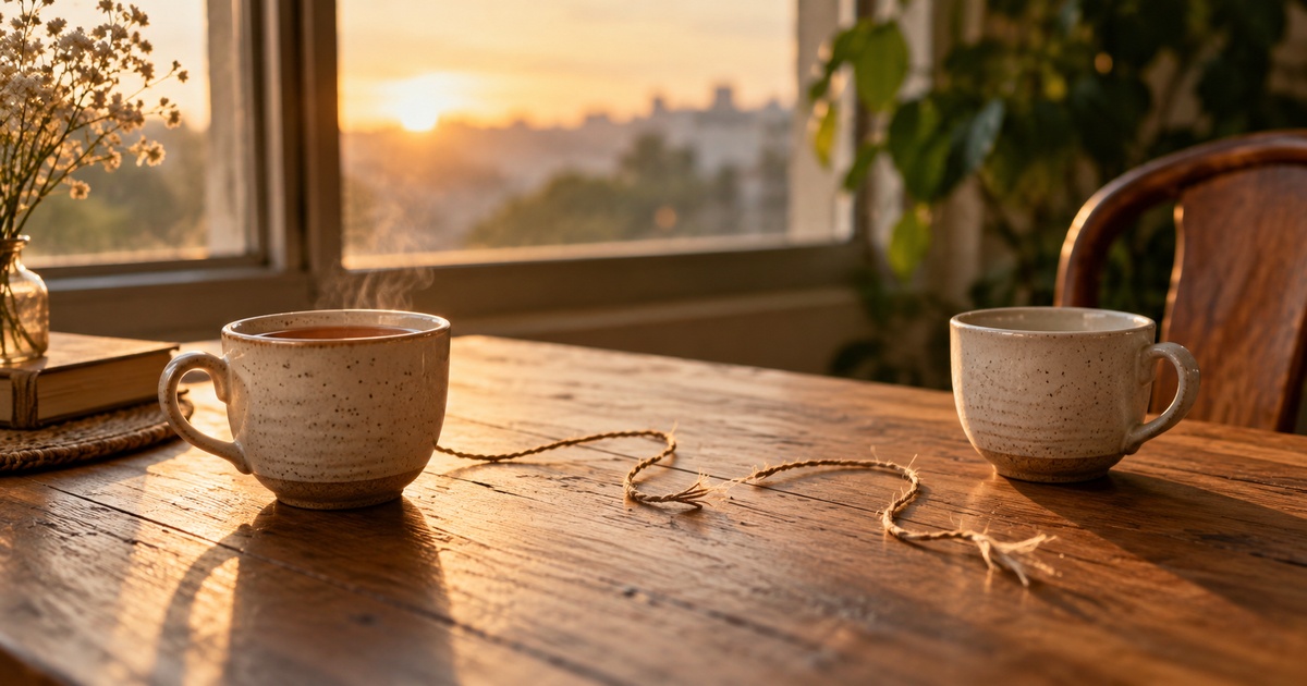 Duas xícaras sobre uma mesa de madeira perto da janela, com um fio de barbante já desfeito entre elas, sob luz suave de fim de tarde.