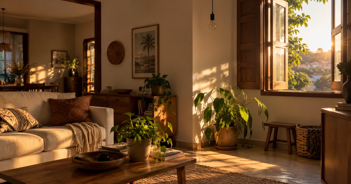 Sala clara e arejada com cortina leve ao vento, plantas saudáveis e luz da manhã entrando pela janela.
