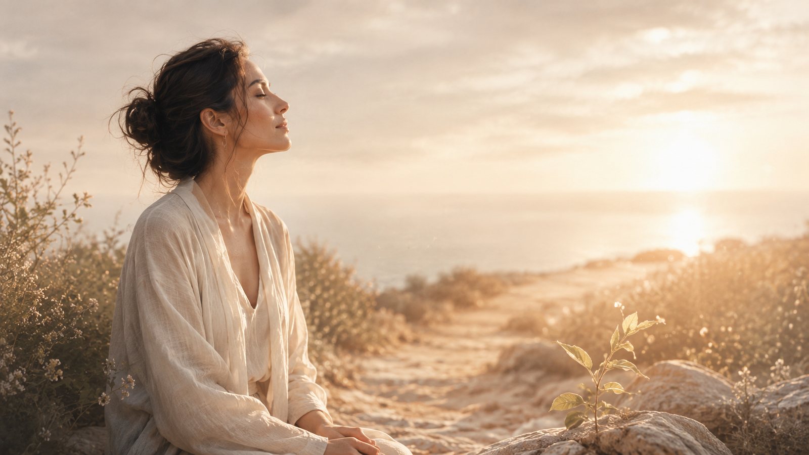 Mulher respirando aliviada diante de uma luz suave, simbolizando a virada do desespero para a prosperidade.