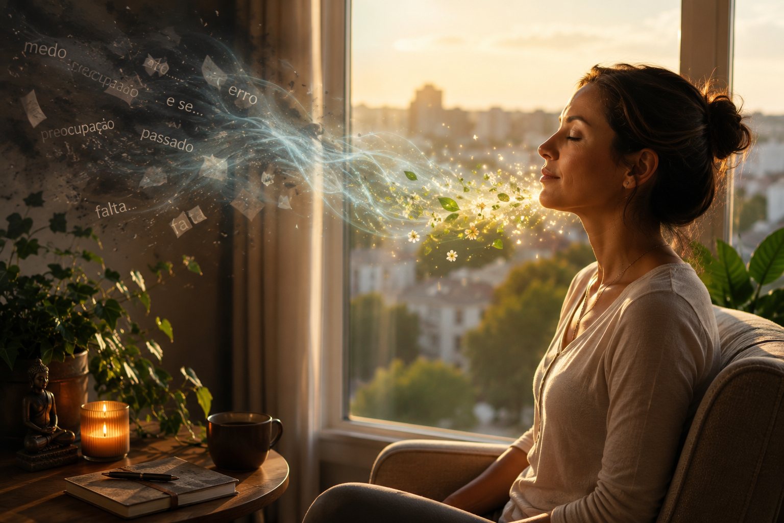 Mulher serena em meditação com a mão sobre o peito, sob luz dourada, retomando o controle do foco e acalmando a mente diante do caos dos pensamentos.