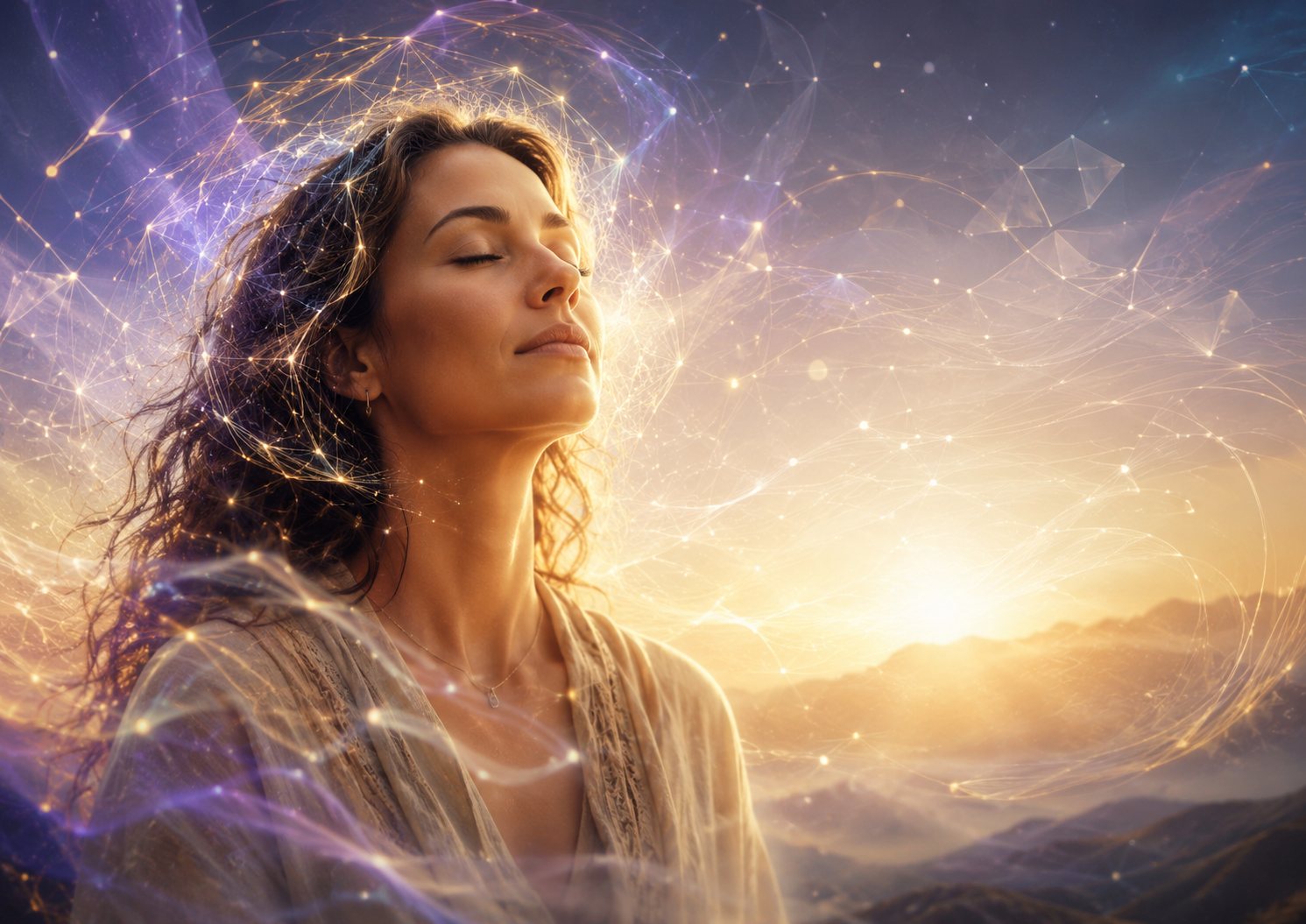 Mulher serena de olhos fechados envolvida por um campo de luz dourada e violeta, simbolizando a reprogramação da mente para o sucesso.
