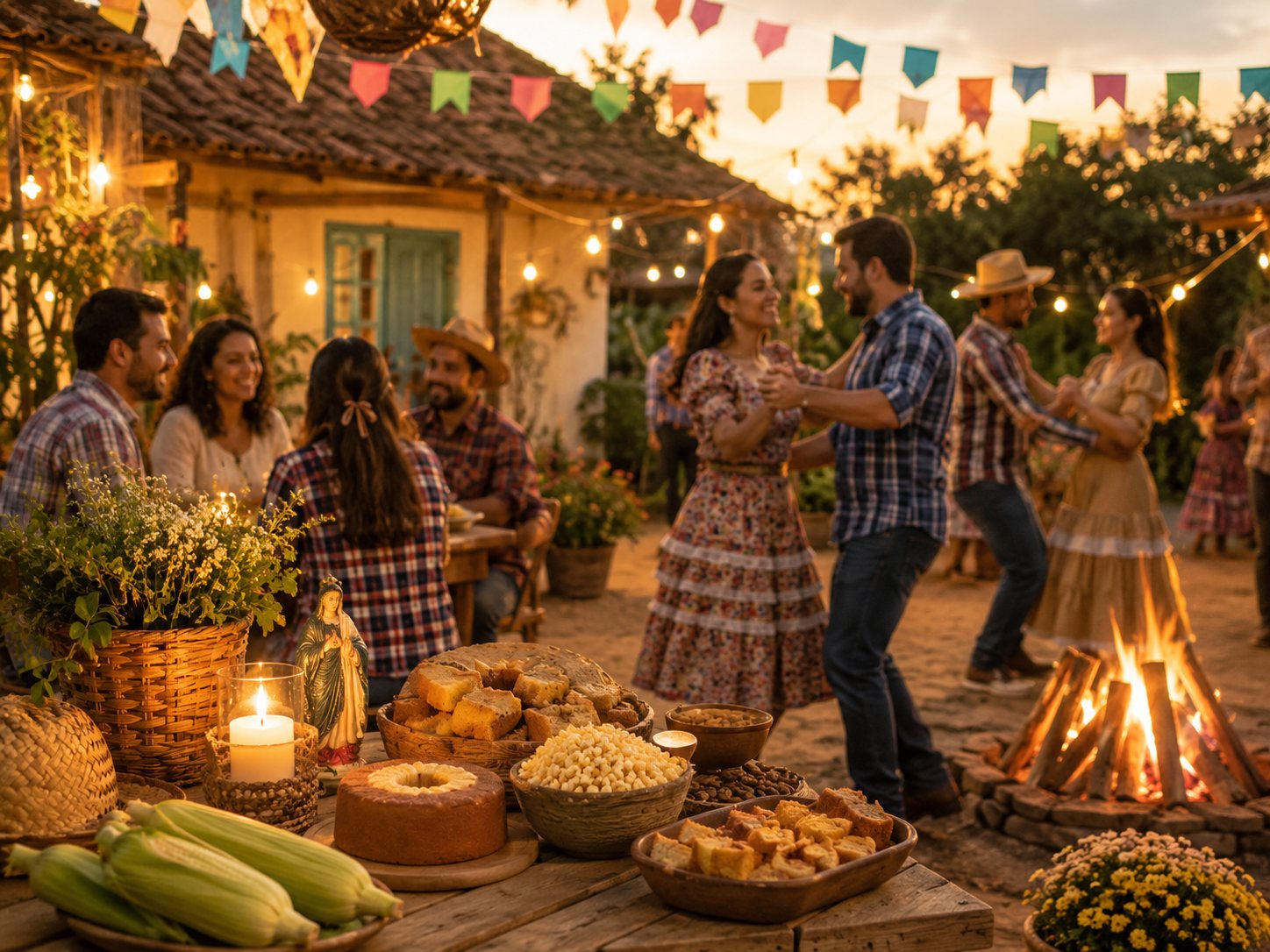 Mesa de arraiá ao entardecer com bandeirinhas, milho e fogueira acesa ao fundo, em clima quente e luz dourada, simbolizando a frequência de alegria e prosperidade das festas juninas.