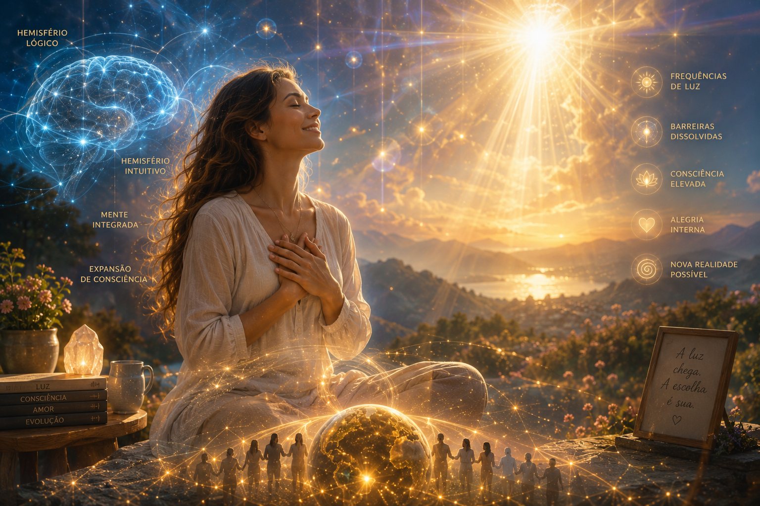 Mulher serena banhada por uma luz dourada suave que a envolve, simbolizando as frequências de luz que dissolvem barreiras e expandem a consciência.