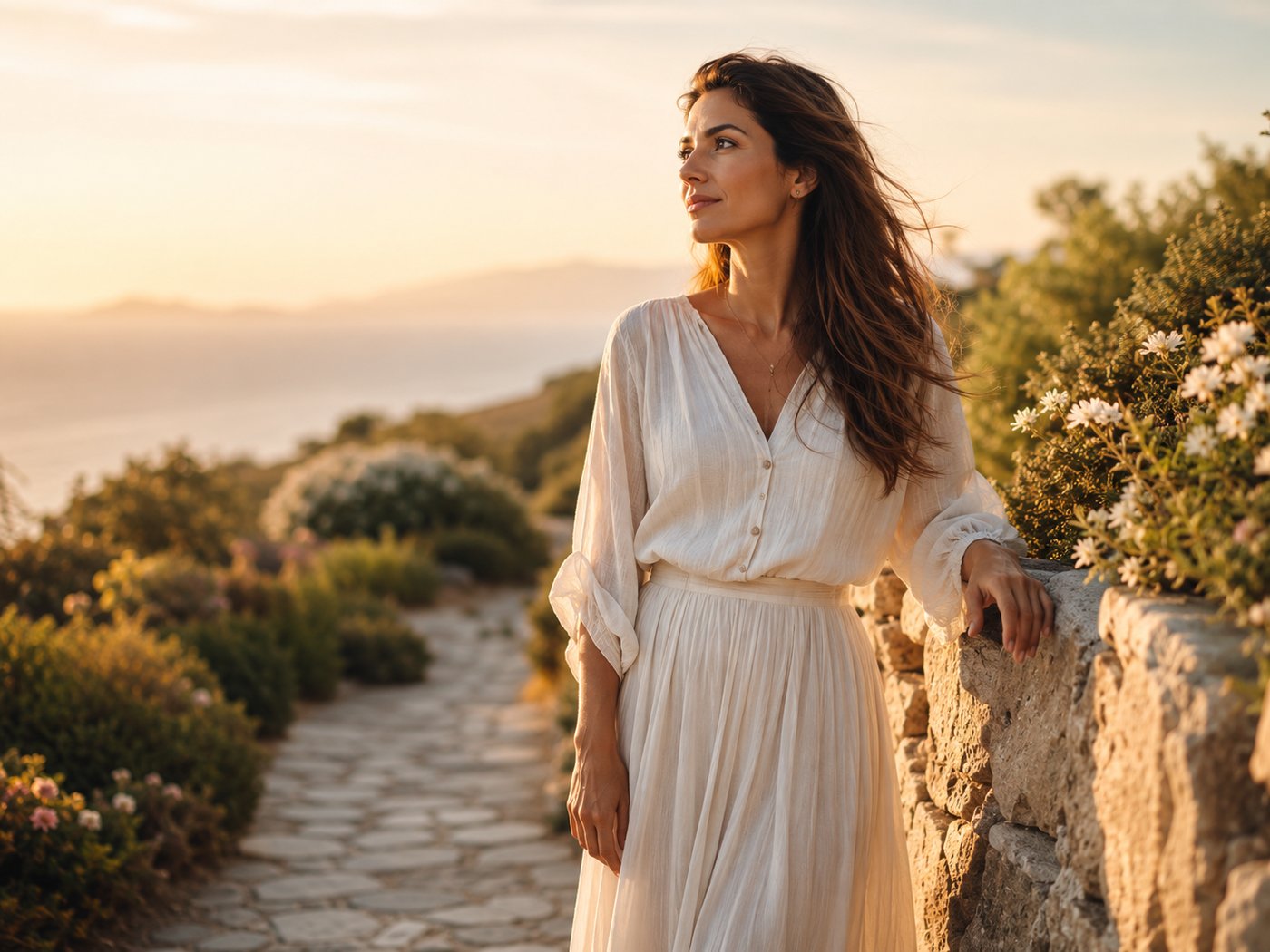 Mulher de vestido claro caminhando por um caminho de pedras ao pôr do sol, olhando para o horizonte, simbolizando a confiança no GPS interno e na intuição que guia o caminho.