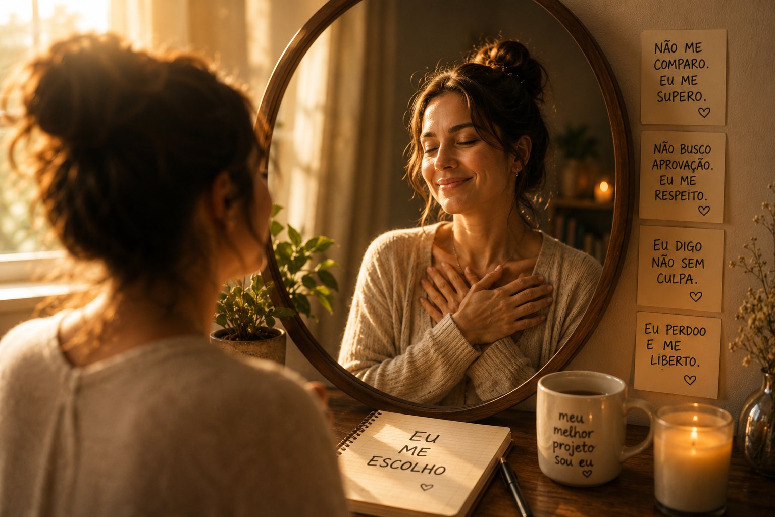 Mulher serena diante do espelho ao amanhecer dourado, com olhar de aceitação e carinho por si mesma, simbolizando o resgate do amor-próprio.