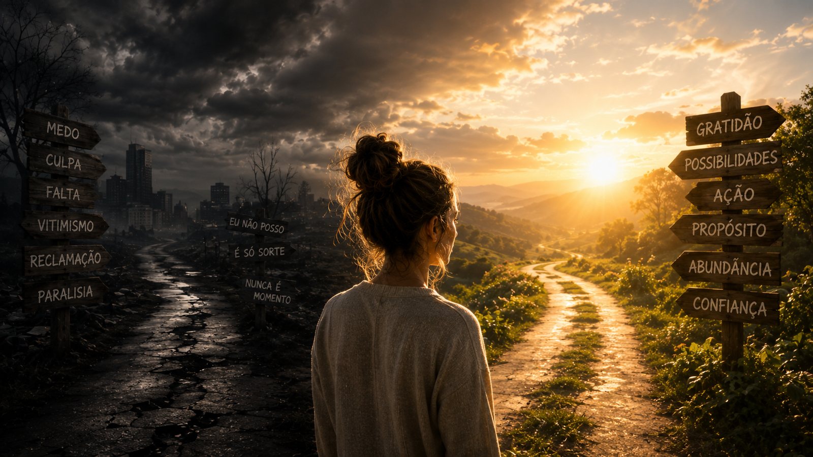 Mulher serena e confiante diante de uma janela luminosa ao amanhecer dourado, simbolizando a mentalidade de abundância que enxerga oportunidade na vida.