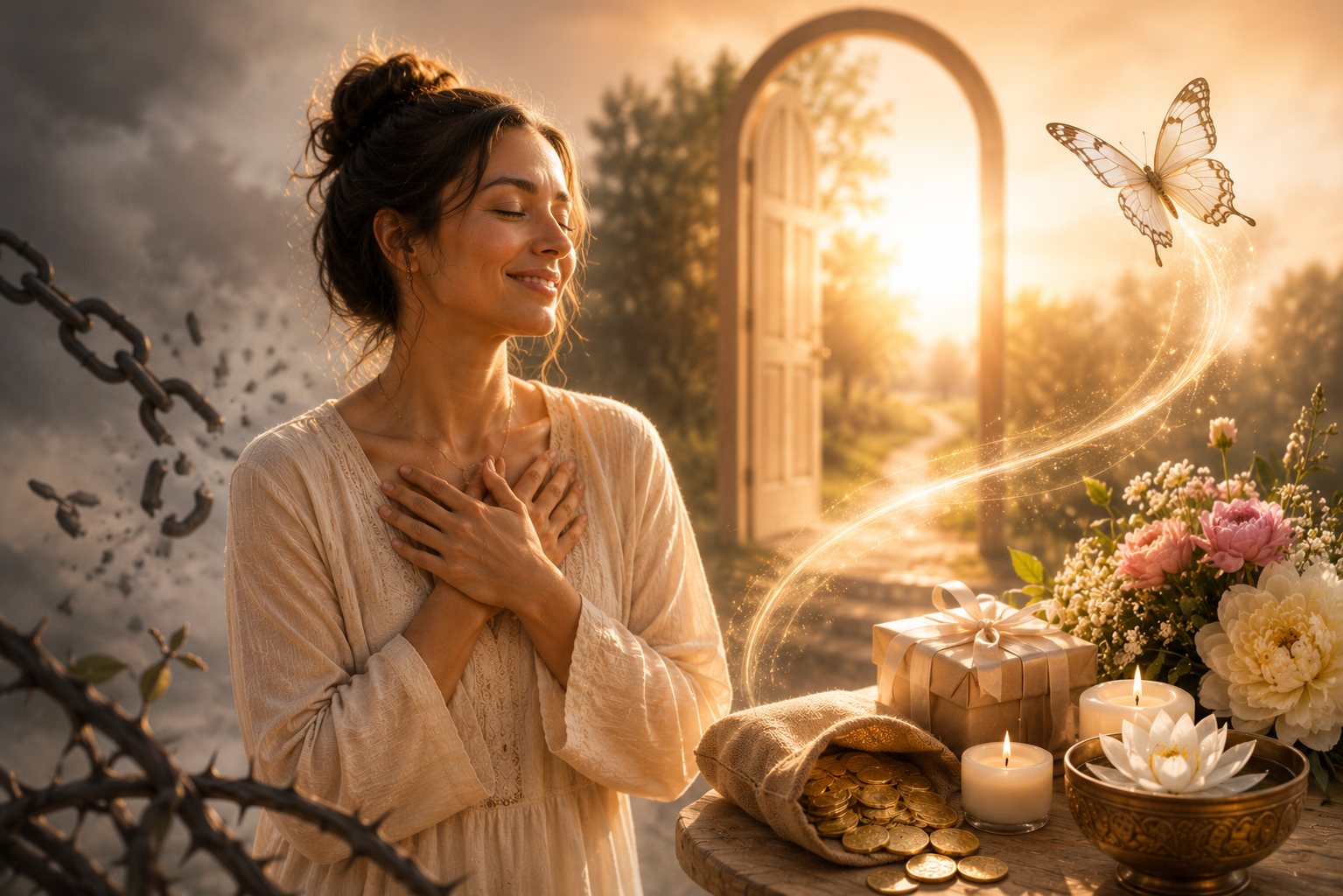 Mulher serena recebendo a luz dourada da manhã de mãos abertas e peito aberto, simbolizando a abertura do merecimento para acolher a prosperidade.