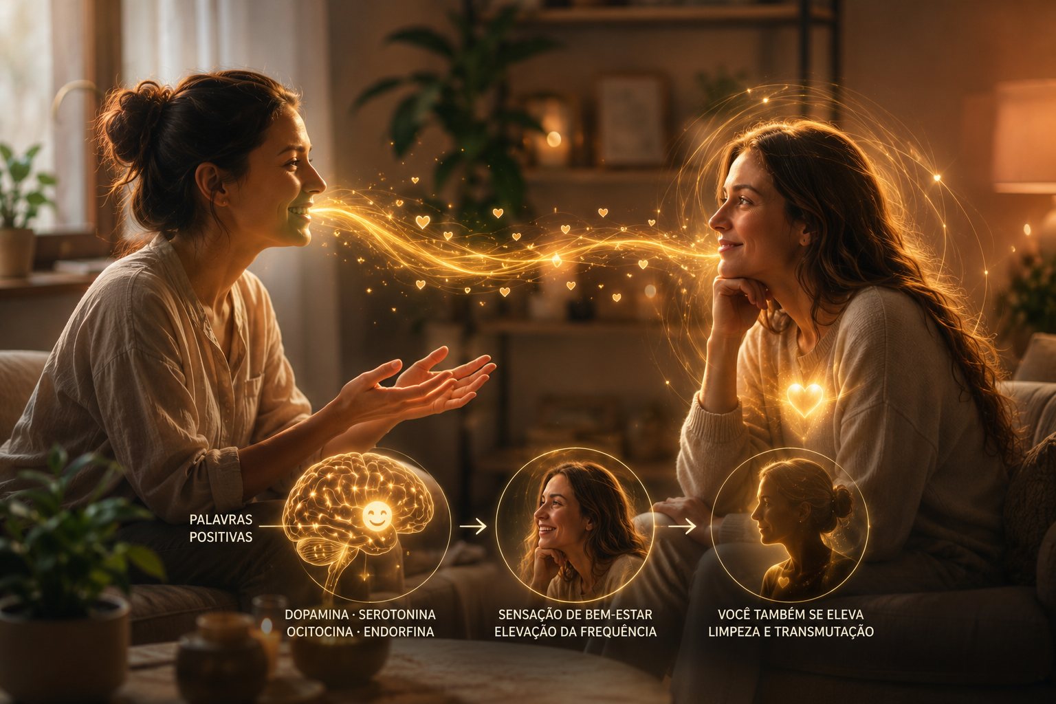 Duas mulheres conversando com afeto e sorriso sereno sob luz dourada, simbolizando a neuroassociação que liga a presença de alguém a uma sensação de bem-estar.