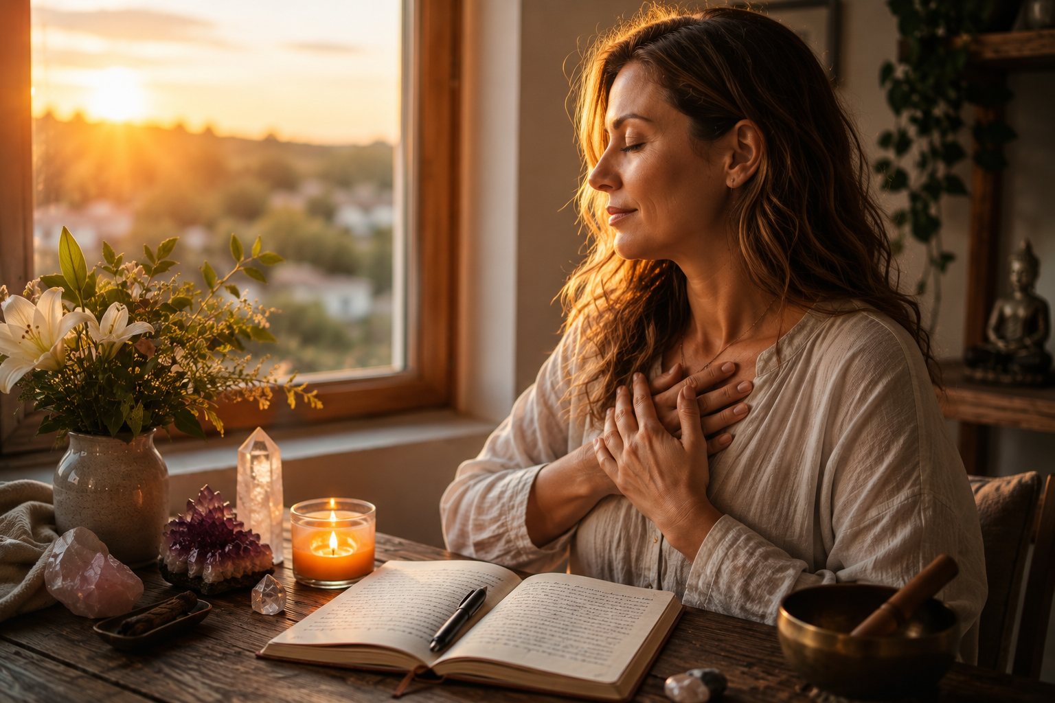 Mulher serena de mãos postas em oração ao amanhecer, sob luz dourada, agradecendo com fé antecipada pela prosperidade que já vem a caminho.