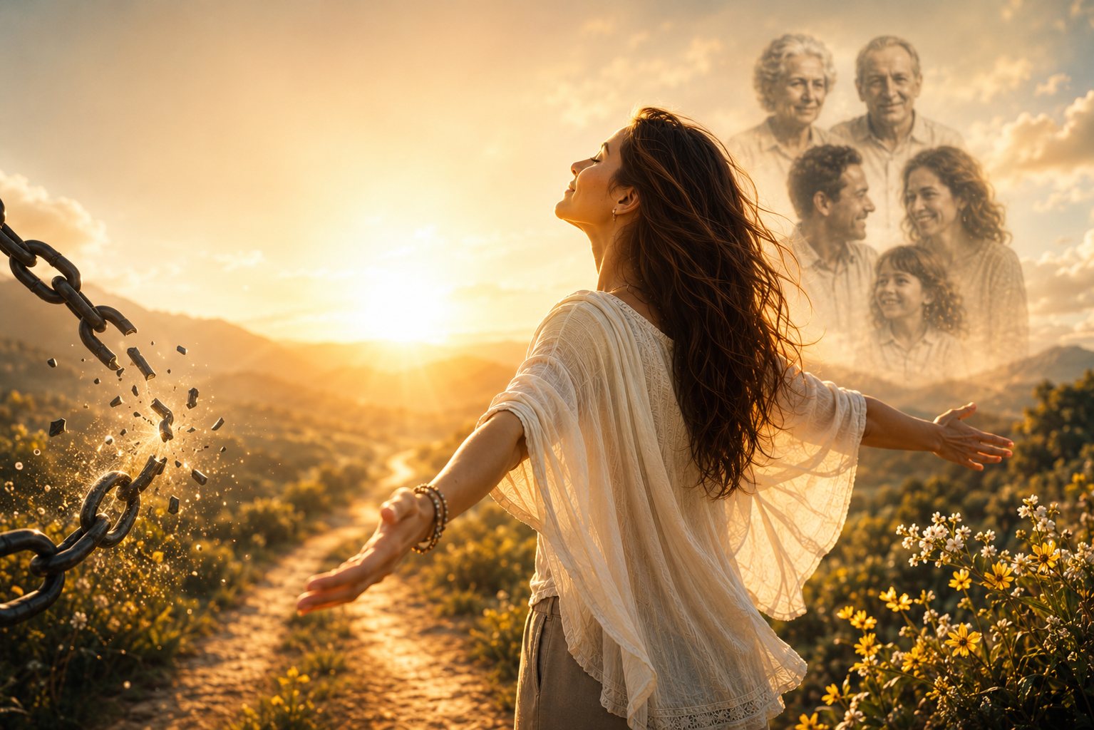 Mulher serena de mãos sobre o coração ao amanhecer dourado, em gesto de perdão e reconciliação com a família, símbolo do fluxo da prosperidade que se reabre.