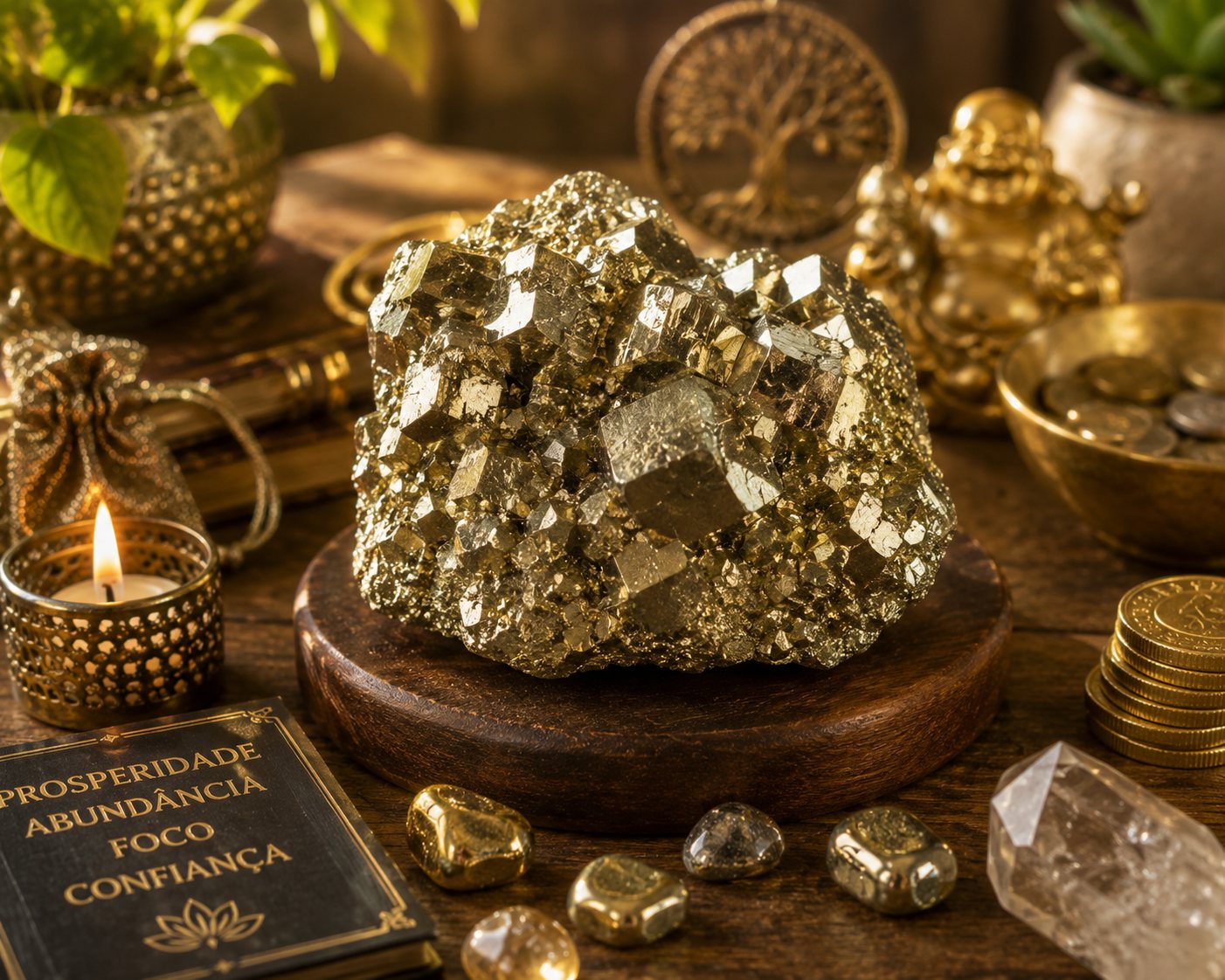 Pedra de pirita dourada brilhando, símbolo de prosperidade e abundância.