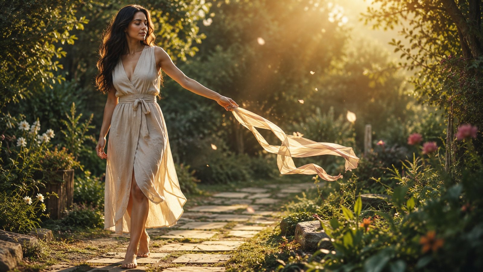 Mulher serena diante de um amanhecer dourado com as mãos sobre o peito, simbolizando a consciência que observa e cocria a própria realidade.