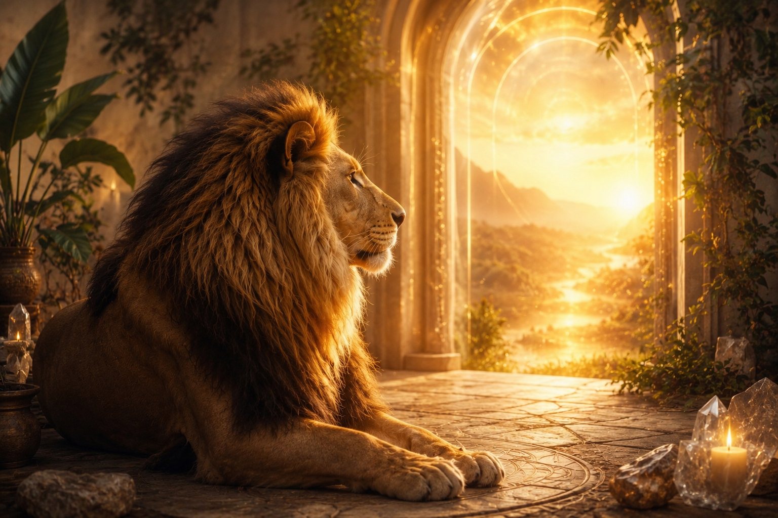 Leão dourado deitado diante de um grande portal de luz que se abre para um vale ao amanhecer, cercado de plantas e cristais — símbolo do Portal do Leão e da prosperidade.
