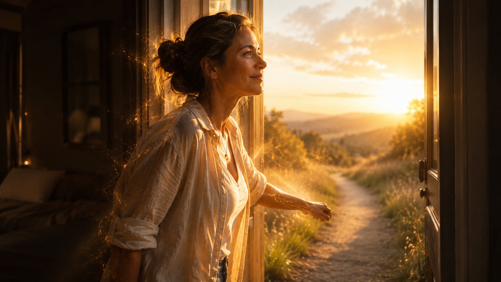 Mulher serena atravessando uma porta de luz dourada rumo a um horizonte aberto, simbolizando a saída da zona de conforto rumo à evolução contínua.