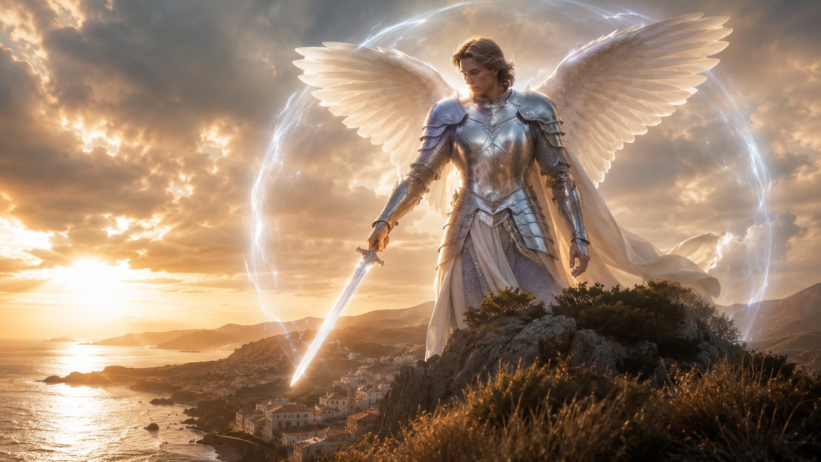 São Miguel Arcanjo com armadura e espada de fogo, símbolo da vitória da luz sobre as trevas.