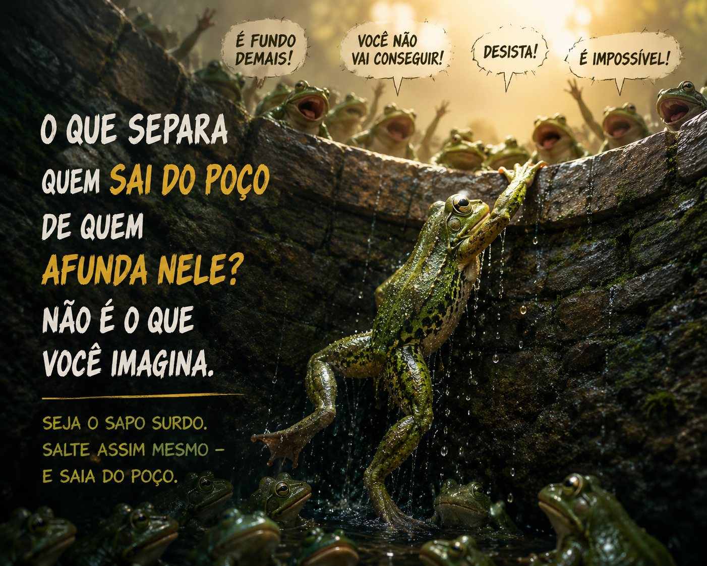 Sapo determinado subindo a parede de um poço em direção à luz, simbolizando a coragem de seguir apesar das vozes negativas.