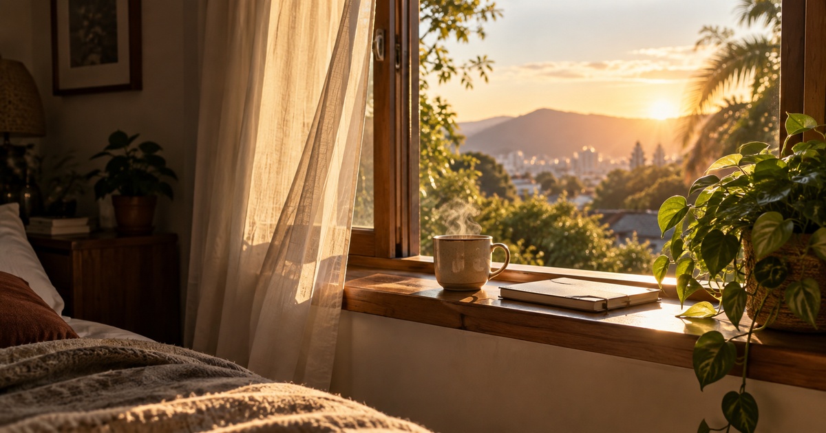 Janela aberta ao amanhecer com uma planta ao lado e luz dourada suave preenchendo o ambiente, sem pessoas.