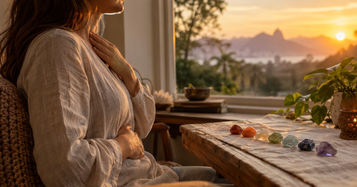Composição serena com sete pedras naturais alinhadas sobre madeira clara, sob luz difusa, sem pessoas.