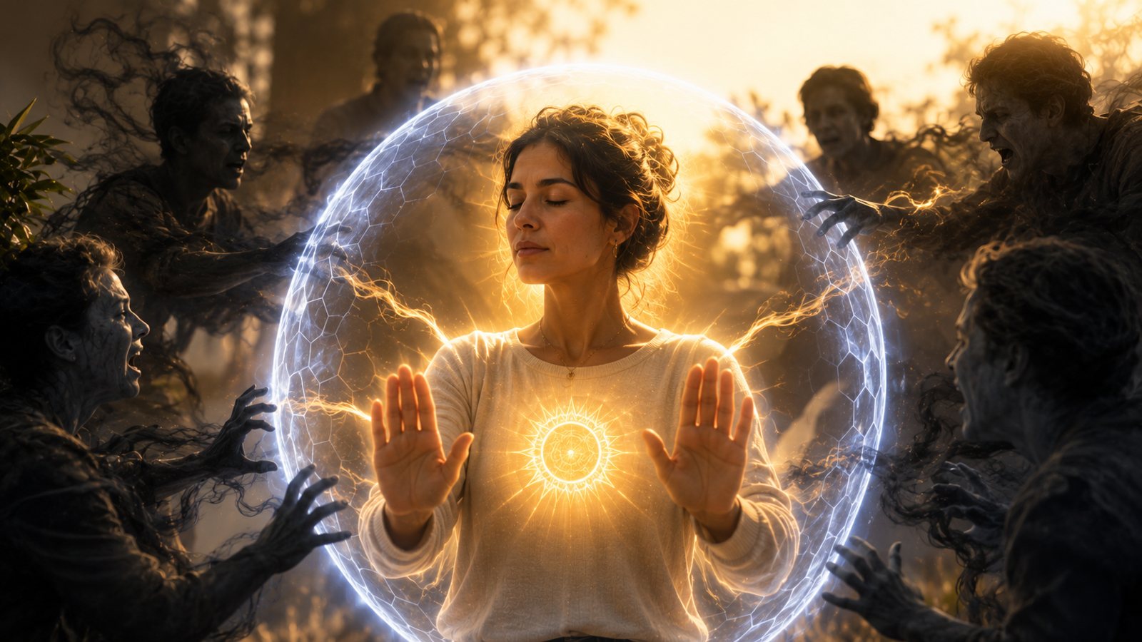 Mulher serena envolta por uma luz dourada protetora ao entardecer, simbolizando a blindagem energética diante de pessoas que drenam a vitalidade.