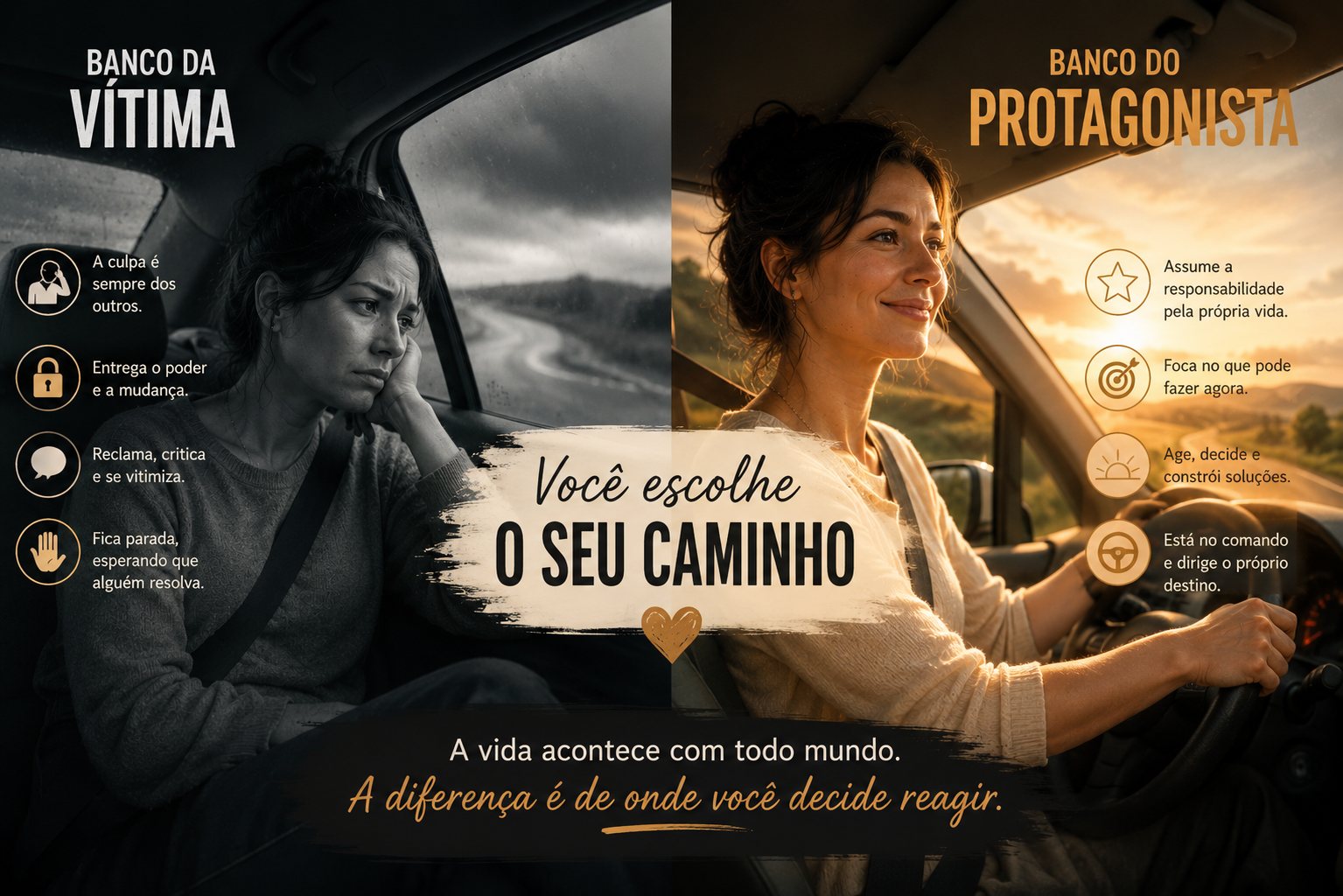 Mulher serena e decidida ao volante sob a luz dourada da manhã, símbolo de quem assume o protagonismo e o comando da própria vida.