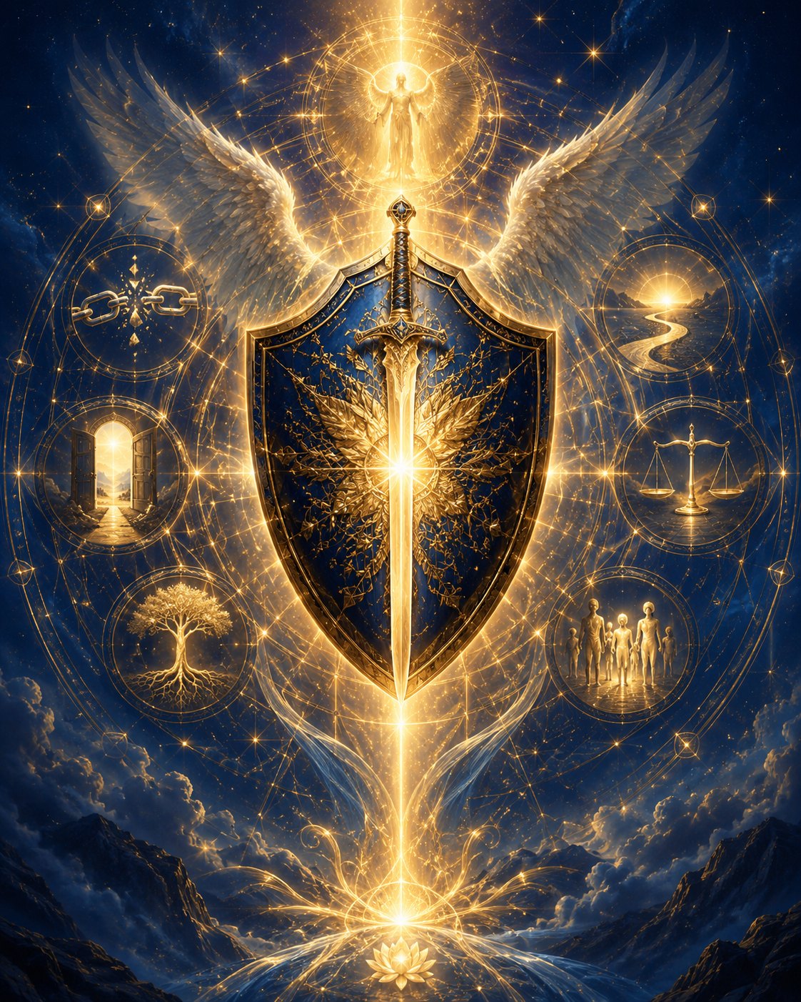 Mesa Desata Nós com Arcanjo Miguel, espada, escudo, limpeza energética e desbloqueio do corpo, alma e destino