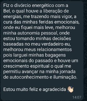 Depoimento de cliente sobre liberação e alívio após o Divórcio Energético