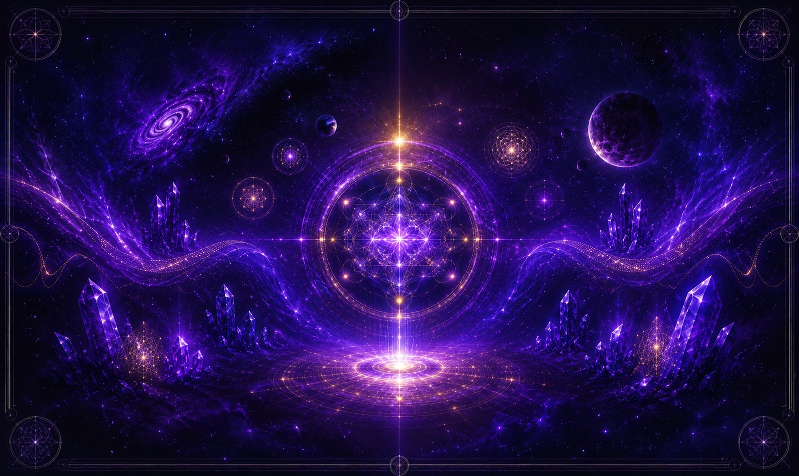 Imagem simbólica da Mesa Quântica Estelar trabalhando transmutação energética, bloqueios profundos e alinhamento vibracional